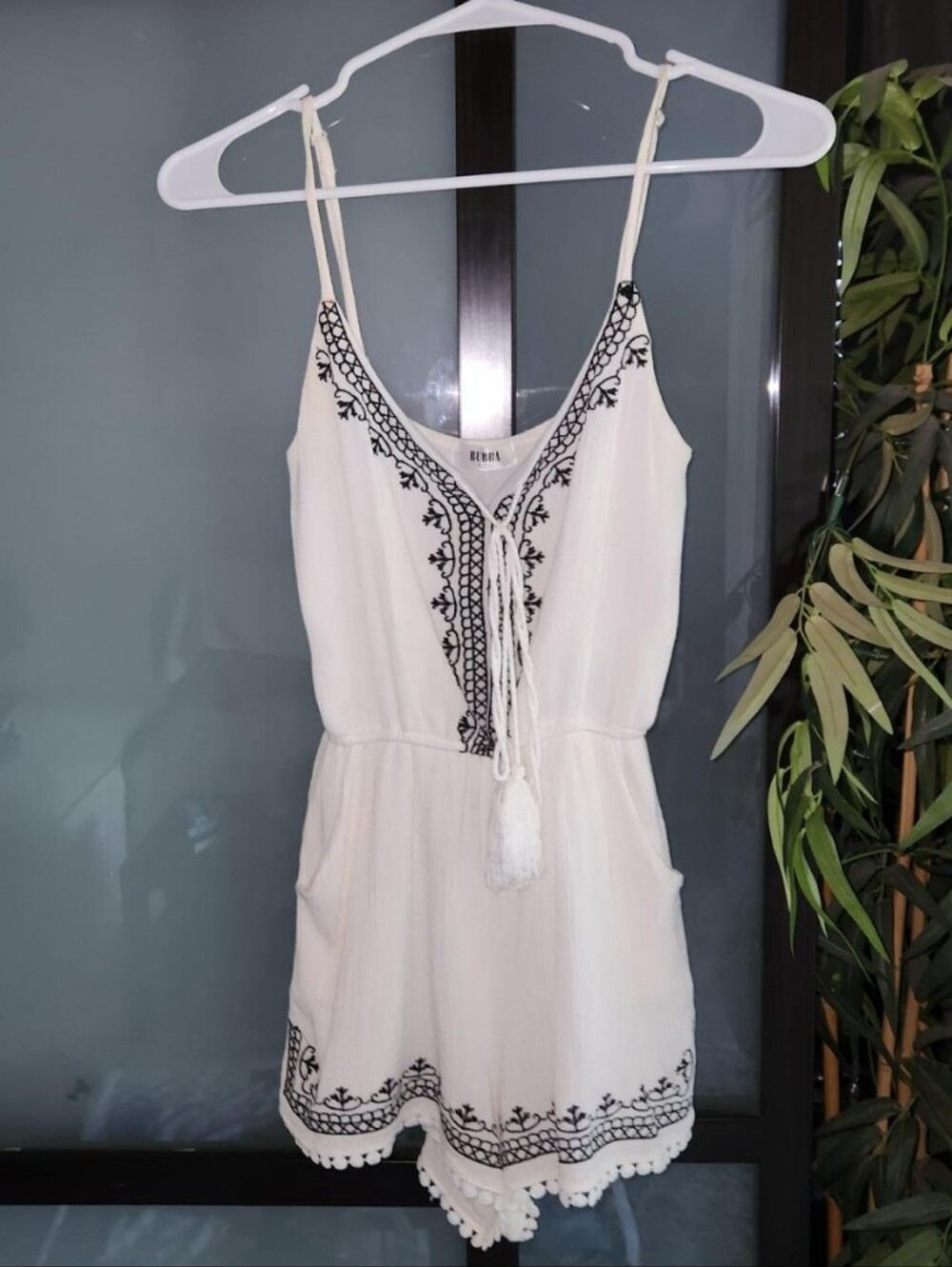 White Embroidered Romper With Pockets